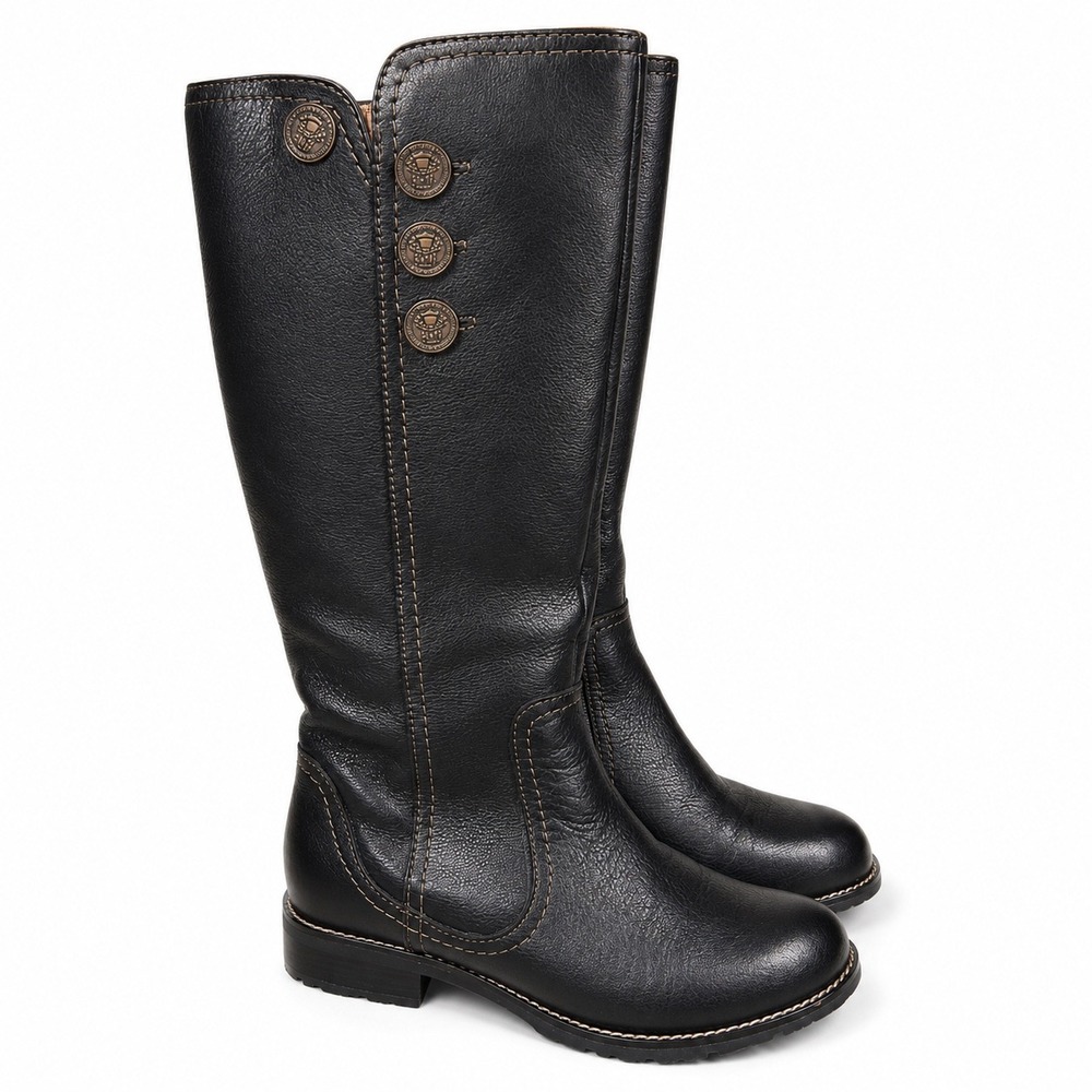 Sofft Black Pebbled Leather Tall Riding Knee High Boots Button Detail 8M Moto